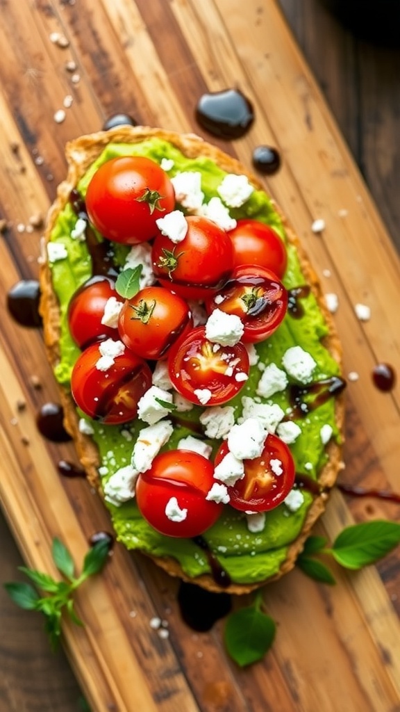 Savory avocado toast topped with cherry tomatoes and feta cheese on a wooden board.